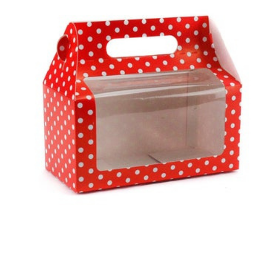 Gift Box with Handles Windowed  with Recycled Material -Red or PolkaDot Color